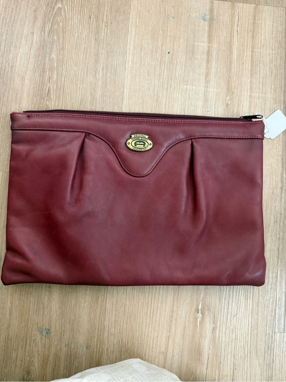 Etienne Aigner Burgundy Leather Zip Clutch with Gold Logo